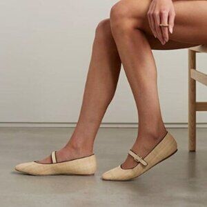 Miss Left Beige Braid Buckle Strap Mary Janes Classic Round Toe Ballet Flats